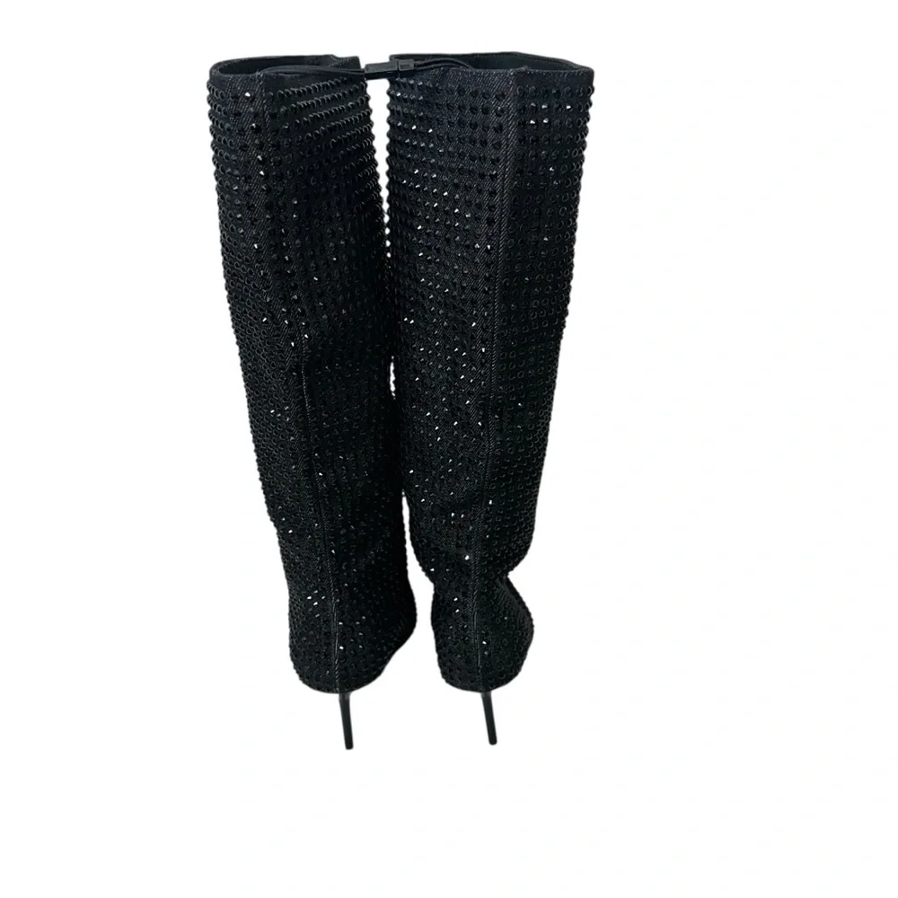 Zara Black Pointed Toe Rhinestone heeled knee high boo Size 39
